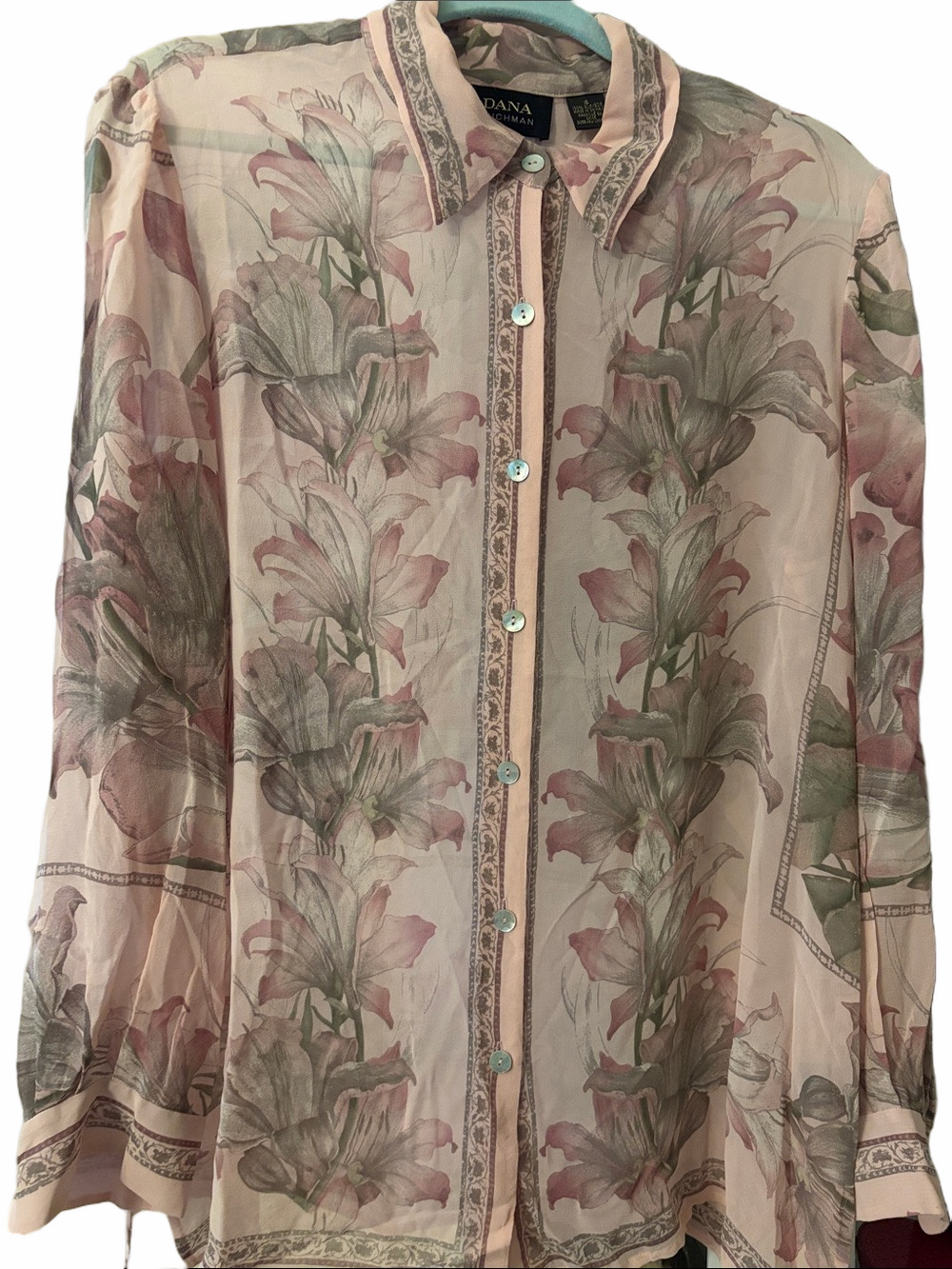 Dana Buchman Sheer Pink Floral Button-Down Shirt 100% silk size 16.